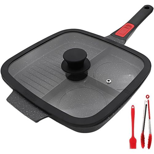 KALANKA-Poêle Grill avec Poignée Amovible et Couvercle, Poêle Antiadhésive 3 en 1 en Aluminium Skillet Gril Carrée pour Tous Feux Dont Induction - Noir