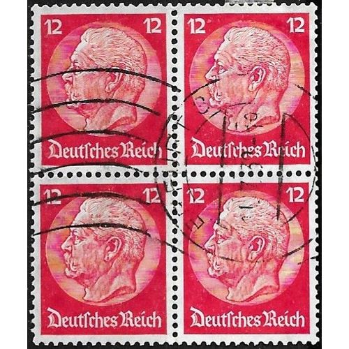 Allemagne, 3ème Reich 1933 / 36, Beau Mini-Bloc 4 Timbres Oblitérés Yvert 490, Maréchal Hindenburg 12pf. Rouge, Filigrane Croix Gammées, Tbe.