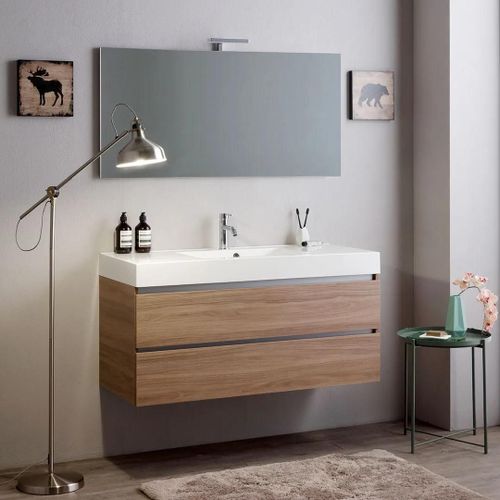 Meuble De Salle De Bains Suspendu 120cm 2 Tiroirs Chêne Naturel, Lavabo Et Miroir 120x60 | Vittoria