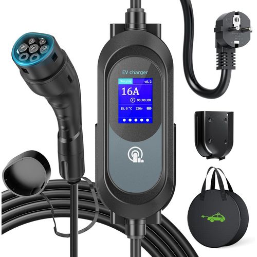 Chargeur Voiture Electrique, 3,68Kw | 8-16A | 0-12H | 6M Programmé Chargeur Type 2 Avec Grand Écran Led Et Support Mural, Portabilité Domestique Cable Recharge Véhicule Électrique Avec Sac