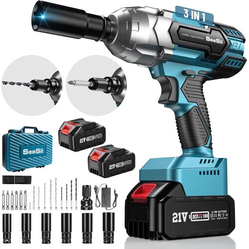 Clé À Chocs Sans Fil Brushless, 650Nm Boulonneuse Electrique Avec Deux Batteries 4.0Ah 21V, Visseuse À Chocs Fréquence D'Impact 3000 Ipm/ 3300Rpm, Avec 6 Douilles À Chocs, Wh700