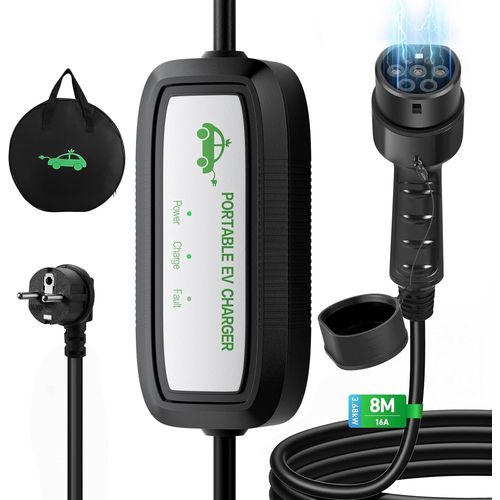 8 Mètres Chargeur Voiture Electrique Type 2 Schuko, Ev Chargeur Type 2 Portatif 16a, Cable Recharge Véhicule Electrique Rapide, Avec Sac Iec 62196-2 (8m)