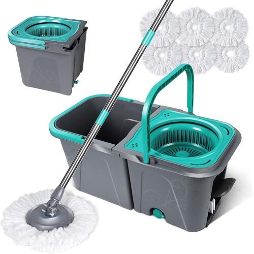 KALANKA-Balai à Frange et Seau à Pédale, Balai Serpillère Rotatif avec Système d'essorage Intégré, Seau Détachable avec 2 Compartiments pour Séparer l'eau Sale, Envoyer 6 Recharge en Microfibre, 6L