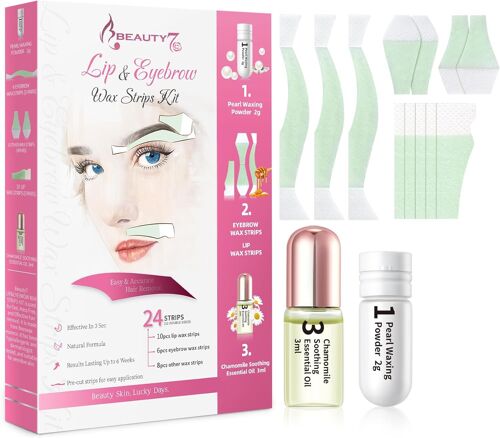 Bandes De Cire Froide Visage Dépilatoire Sourcils Lèvre, Peaux Sensibles 24 Bandes + Poudre De Perle 2g, Huiles Essentielles Apaisantes 3g 