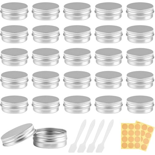 20 Pièces Pots en Aluminium Vide,15 ml Rond Cosmétiques Pot Conteneurs Avec Couvercle à Visser,Contenants Cosmétiques pour Crème,Échantillons,Baume à Lèvres (avec autocollants et mini spatule)