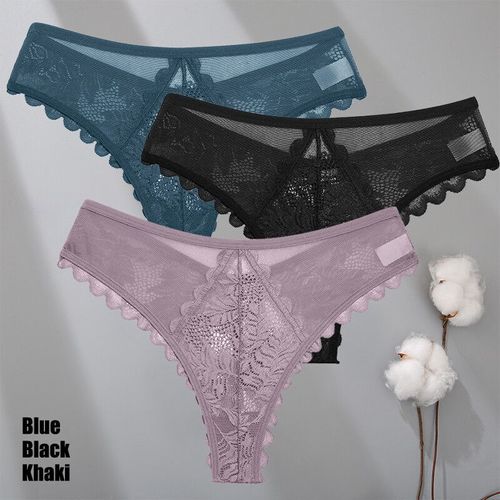 Finetoo-Ensemble De Strings En Dentelle Pour Femmes,3 Pièces,Culotte String Solide,Motif Floral,Sous-Vêtements Féminins Doux Et Respirants
