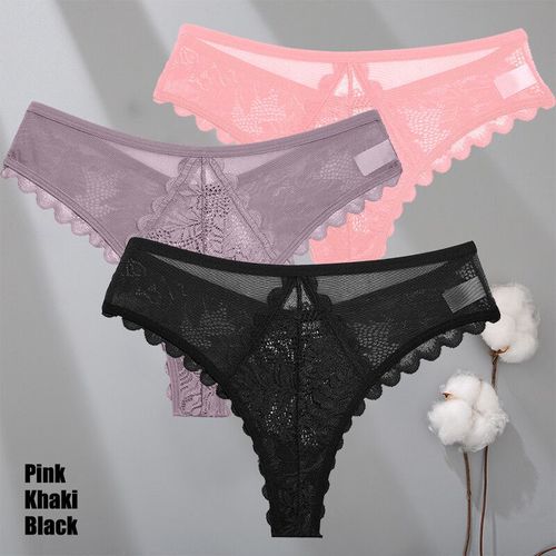 Finetoo-Ensemble De Strings En Dentelle Pour Femmes,3 Pièces,Culotte String Solide,Motif Floral,Sous-Vêtements Féminins Doux Et Respirants