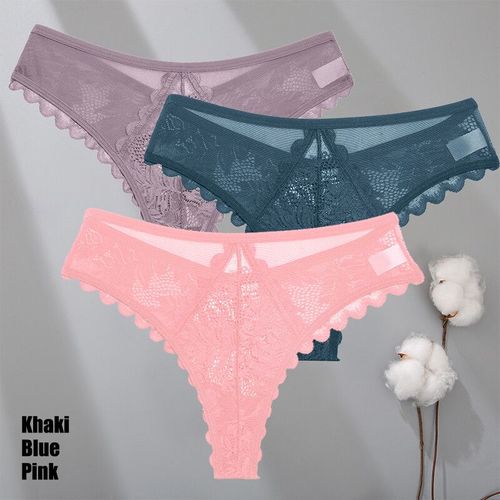 Finetoo-Ensemble De Strings En Dentelle Pour Femmes,3 Pièces,Culotte String Solide,Motif Floral,Sous-Vêtements Féminins Doux Et Respirants