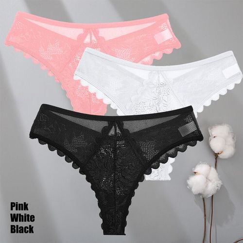 Finetoo-Ensemble De Strings En Dentelle Pour Femmes,3 Pièces,Culotte String Solide,Motif Floral,Sous-Vêtements Féminins Doux Et Respirants