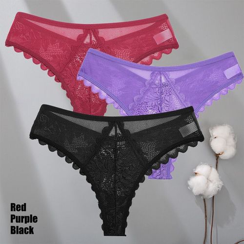 Finetoo-Ensemble De Strings En Dentelle Pour Femmes,3 Pièces,Culotte String Solide,Motif Floral,Sous-Vêtements Féminins Doux Et Respirants