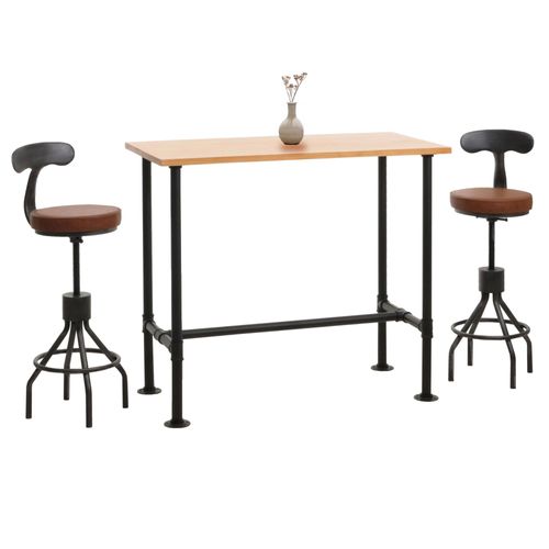 Set Table De Bar + 2x Tabourets De Bar Hwc-N21, Hauteur Réglable Pivotant Repose-Pieds, Métal Industriel Similicuir   Naturel, Marron