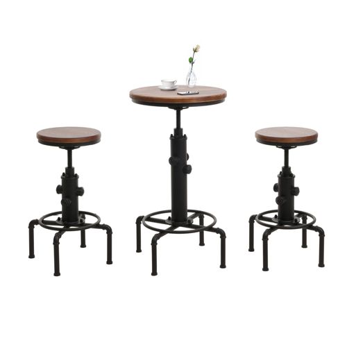 Set Table De Bar + 2x Tabourets De Bar Hwc-N23, Chaise De Bar Table Haute Réglable En Hauteur Pivotante Repose-Pieds Industriel Acier Bois   Brun