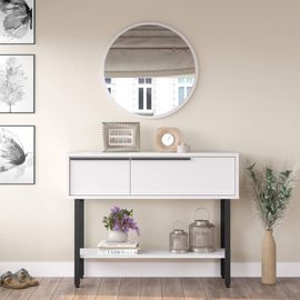 Console Avec 2 Portes Et Miroir, Blanc Et Gris Foncé