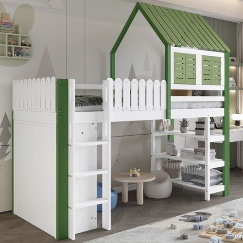 Lit Cabane Superposé Enfants Blanc & Vert Avec Toit