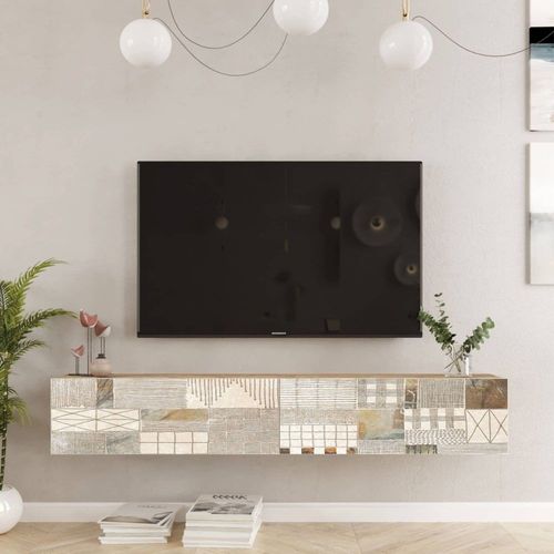 Meuble Tv Suspendu Avec 2 Portes Blanc Et Marron Clair, L 180 Cm