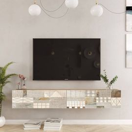 Meuble Tv Suspendu Avec 2 Portes Blanc Et Marron Clair, L 180 Cm