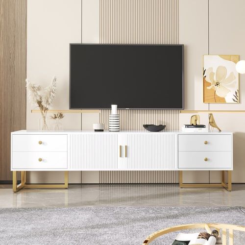 Meuble Tv Blanc Avec 4 Tiroirs, 2 Portes Texturés Et Accents Dorés