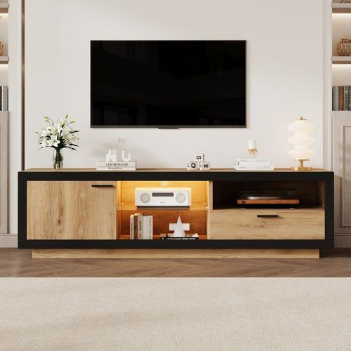 Meuble Tv Moderne Effet Bois Et Noir En Verre Avec Éclairage Led