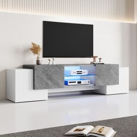 Meuble Tv Moderne Blanc & Gris Étagère En Verre Avec Éclairage Led