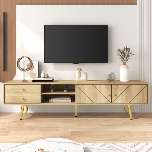 Meuble Tv Effet Bois Naturel Portes Rainurés, Et Accents Dorés