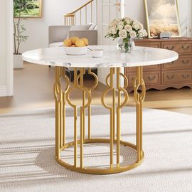 Table À Manger Ronde Effet Marble Blanc Et Structure Dorée 100x100cm