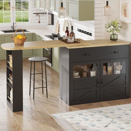 Table De Bar Extensible 360° Noire Et Effet Bois Et Verre