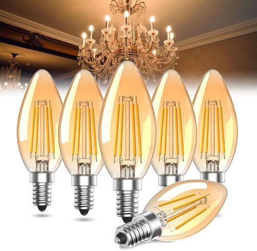 Kalanka-Ampoule Bougie Led E14 4w (¿¿Quivalent 40w) 2200k Blanc Chaud Lueur Ambre Vintage Ampoule Led C35 Efficace En Energie, Non-Dimmable Pour Chandelier, Appliques Murales, Lampe De Chevet, 6pi¿¿Ces
