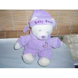 Doudou Peluche Ours Baby Bear Gipsy Blanc Violet 50 Cm Abec Le Bonnet Lune