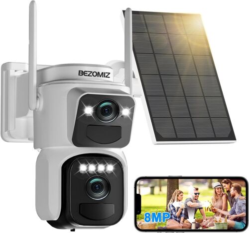 JEXNOVASHOP-8MP Caméra Surveillance WiFi Extérieure à Double Objectif,2,4/5Ghz,AI Détection Humaine avec Panneau Solaire,360° PTZ Caméra,Suivi Automatique,Vision Nocturne Couleur,Audio Bidirectionnel
