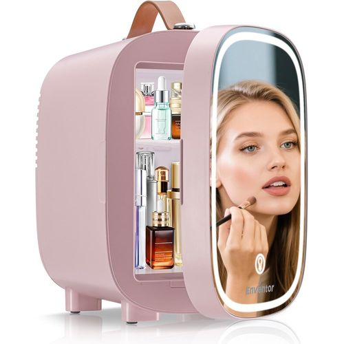 CHECARZHN--NO1-Mini Frigo 4L/6 Canettes, Petit Réfrigérateurs Pour Soins De La Peau Avec Miroir Lumineux Led, Ca + 12V Cc, Refroidisseur Et Réchauffeur, Pour Chambres, Voiture, Cosmétiques, Rose