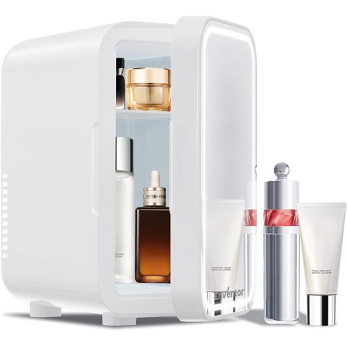 CHECARZHN--NO1-Mini Frigo 6L/8 Canettes, Petit Réfrigérateurs Pour Soins De La Peau Avec Miroir Lumineux Led, Ca + 12V Cc, Refroidisseur Et Réchauffeur, Pour Chambres, Voiture, Cosmétiques, Blanc
