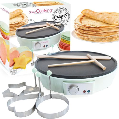SCRAP COOKING 3899 CRÊPIÈRE CRÊPES FACTORY, MACHINE ÉLECTRIQUE, AVEC PLAQUE CHAUFFANTE ANTI-ADHÉSIVE, RÂTEAU, SPATULE & 3 MOULES ART, VERT D'EAU[GAU620812]