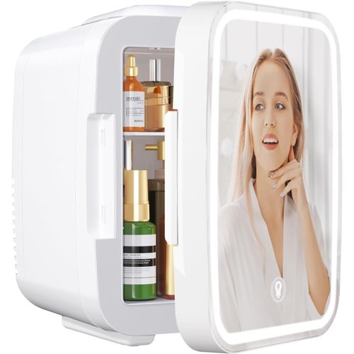 CHECARZHN--NO1-Mini Frigo Pour Chambre, Frigo Skincare Avec Miroir Led, Petit Frigo De 4L Portable, Thermoelectrique Chauffe & Refroidisseur 220V Ac / 12V Dc Pour Voiture, Bureau, Dortoir (Blanc)