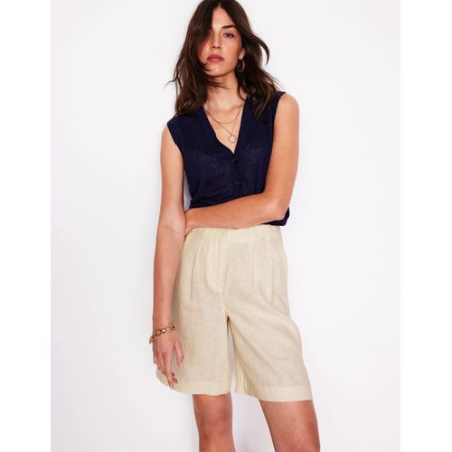 Short Large Plissé En Lin-Ivoire Et Bleu Marine À Pois