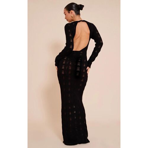 Robe Longue En Maille Tricot Noire À Dos Nu Et Manches Longues, Noir