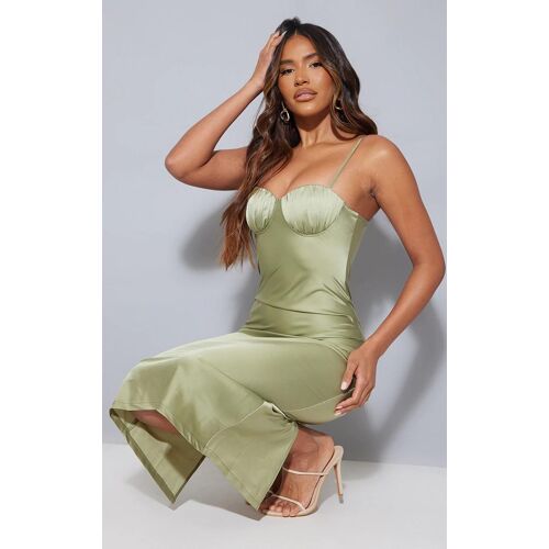 Robe Mi-Longue Satinée Vert Sauge À Bonnets Froncés Et Bretelles, Vert Sauge