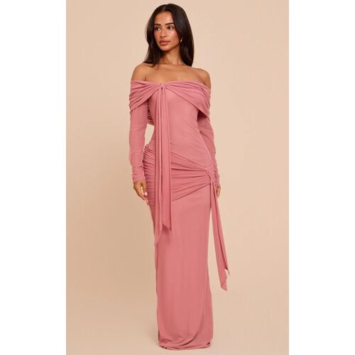 Petite Robe Longue Asymétrique Rose Foncé À Col Bardot Et Manches Longues, Rose Foncé