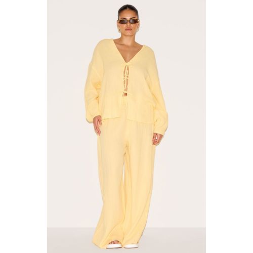 Plus Pantalon Large Citronné Texturé En Étamine, Jaune Citron