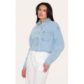 Chemise Courte En Jean Bleu Clair Délavé À Ourlet Coupé, Bleu Clair Délavé