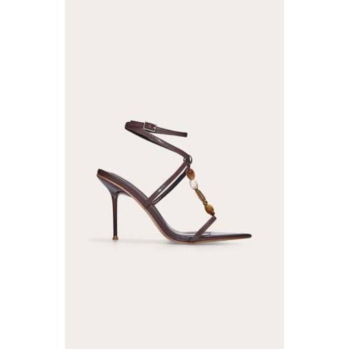 Sandales Talons Aiguilles Hauts En Chocolat Avec Bout Carré Dentelle Perles Et Lacets Chocolat