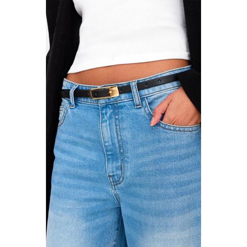 Ceinture Fine En Pu Noir À Boucle Carrée, Noir