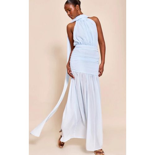 Robe Longue Bleu Clair Froncée À Col Montant Et Détail Foulard, Bleu Clair
