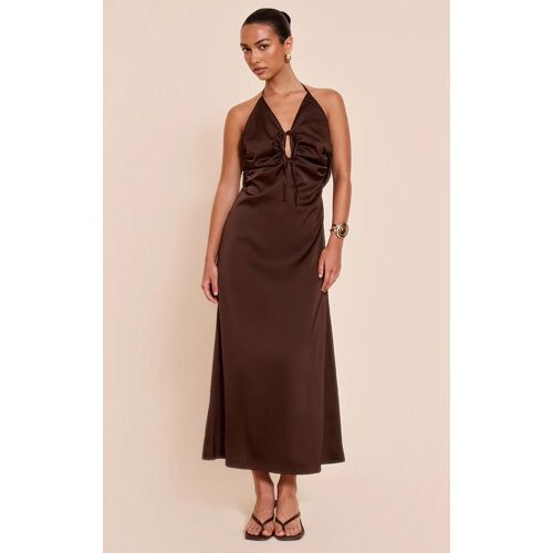 Robe Longue Satinée Chocolat Nouée Devant, Chocolat