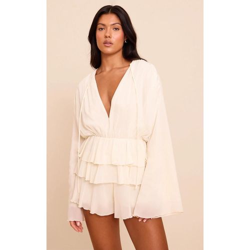 Combishort En Mousseline De Soie Crème À Col En V Et Étages Volantés, Crème
