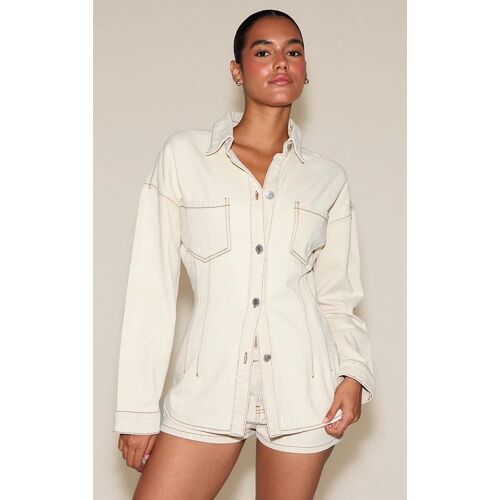 Chemise Longue En Jean Gris Pierre Délavé À Coutures Contrastantes Et Taille Cintrée, Gris Pierre Délavé