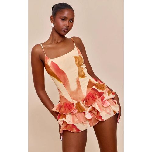 Combishort En Mousseline De Soie Rose Fleurie À Bretelles Fines Et Volants, Rose