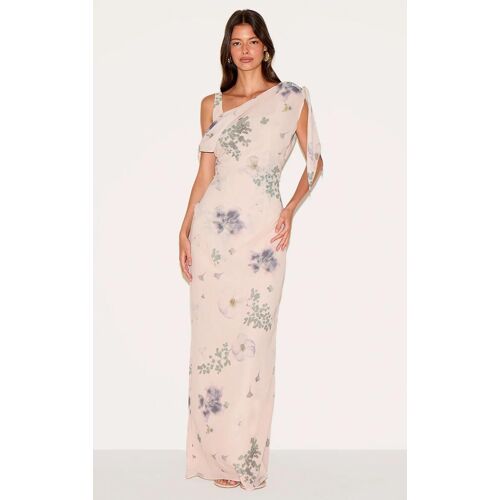Robe Longue En Mousseline De Soie Sable Imprimé Abstrait À Détail Drapé, Sable