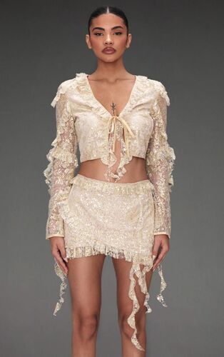 Blouse En Dentelle Champagne À Sequins Nouée Devant, Champagne