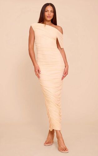 Tall Robe Longue En Mesh Doublé Amande Froncée À Épaule Unique, Amande