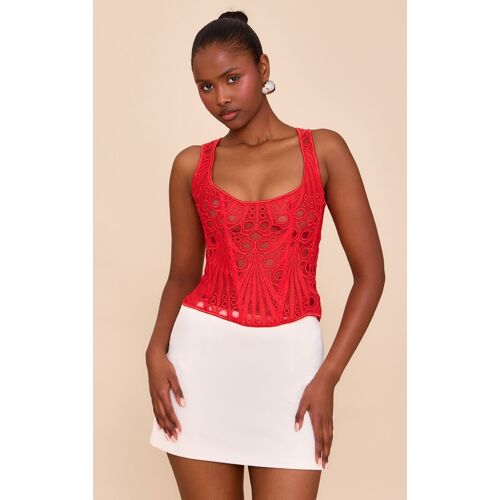 Corset Texturé Rouge Tomate Transparent Fleuri À Col Carré, Rouge Tomate